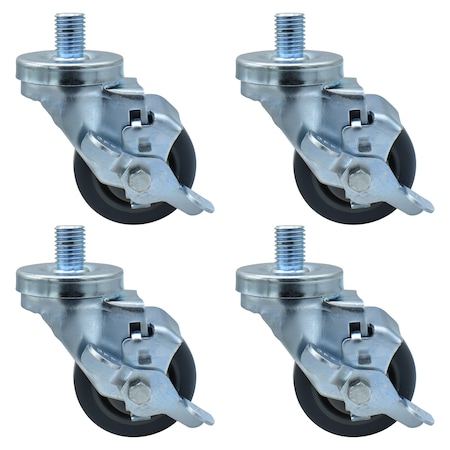 Bk Resources 3-inch Threaded Stem Casters, Gray Rubber Wheels, Top Lock Brake, 300lb Capacity, 4PK 3SBR-6ST-GR-PS4